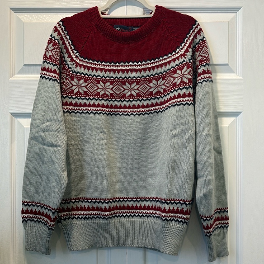 Vintage YT Sports Acrylic Sweater Red Grey Snowflakes Christmas Sweatshirt Sz L